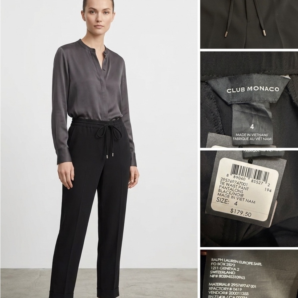 NWT Club Monaco Tie Waist Pants Black Size 4